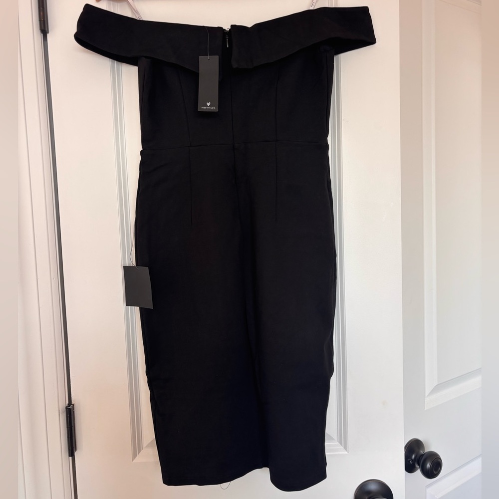 Lulus Hello Romance Black Off-the-Shoulder Bodycon Midi Dress NWT Size Small - Picture 5 of 7